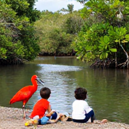 Caribbean Holidays, Trinidad Family Holidays, Family watching scarlet ibis and other birds at the Caroni Bird Sanctuary in Trinidad, surrounded by mangroves and calm waterways