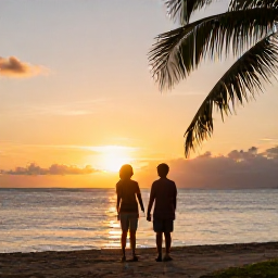 Caribbean Holidays, Trinidad Family Holidays, Happy family watching a Tobago sunset beside the sea, warm golden light, palm silhouettes and peaceful Caribbean holiday mood