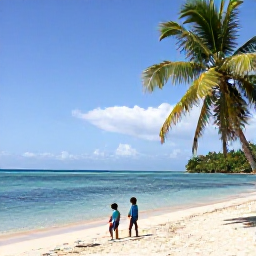 Caribbean Holidays, Trinidad Family Holidays, Sunny family beach on Trinidad with calm turquoise sea, palm trees, children playing safely by the shore