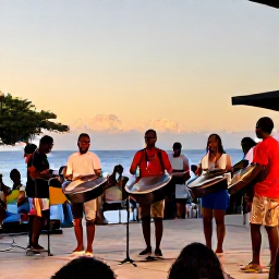 Caribbean Holidays, Trinidad February, A Trinidad steelpan orchestra performing on an outdoor stage at sunset, with an enthusiastic audience