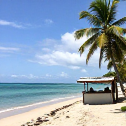 Caribbean Holidays, Trinidad February Backpacking, Relaxed backpacker on a quiet tropical beach in Trinidad with turquoise water, palm trees and a simple local food stall