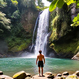 Caribbean Holidays, Trinidad February Backpacking, Traveller exploring the lush rainforest of Trinidad near a waterfall, with tropical foliage, a clear pool and bright daylight