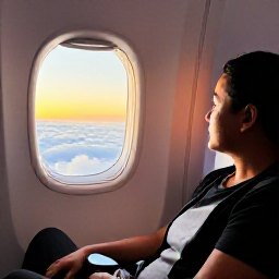Caribbean Holidays, Trinidad February, Business class passenger relaxing in a comfortable aircraft seat on a flight to Trinidad, with a wide window showing Caribbean clouds and warm morning light
