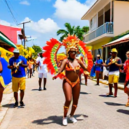 Caribbean Holidays, Trinidad February, Colourful Port of Spain street scene during Trinidad Carnival in February, with elaborately costumed performers, musicians and spectators in bright sunlight