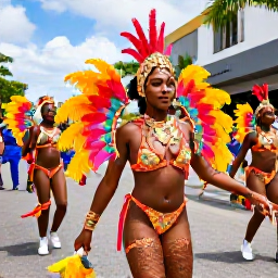 Caribbean Holidays, Trinidad February, Colourful Trinidad Carnival costumes and dancers in a lively Port of Spain street parade during February