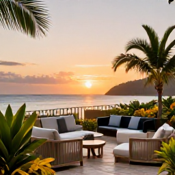 Caribbean Holidays, Trinidad February, Elegant Caribbean hotel terrace in Trinidad at sunset, with comfortable seating, tropical plants and a view towards the sea