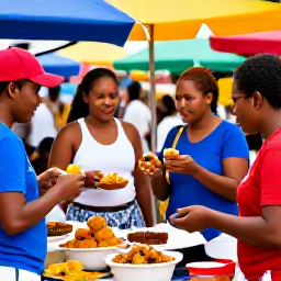 Caribbean Holidays, Trinidad February, Friendly visitors enjoying Trinidadian street food and local dishes at a colourful outdoor food market