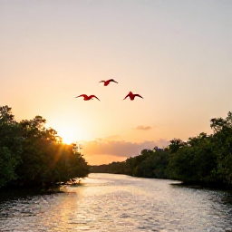 Caribbean Holidays, Trinidad February Holidays, A peaceful February boat trip through the Caroni Swamp in Trinidad at sunset, with scarlet ibis flying over mangrove channels
