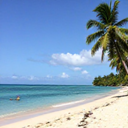 Caribbean Holidays, Trinidad February Holidays, A quiet tropical beach in Tobago in February, with clear turquoise water, palm trees and a snorkeller near the shore