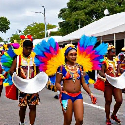 Caribbean Holidays, Trinidad February Holidays, Colourful Trinidad Carnival parade in Port of Spain with feathered costumes, steelpan musicians and cheering crowds
