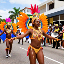 Caribbean Holidays, Trinidad February Holidays, Colourful Trinidad Carnival street parade in Port of Spain with elaborately costumed dancers, steel pan musicians and cheering crowds