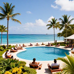 Caribbean Holidays, Trinidad February Holidays, Elegant all-inclusive Caribbean resort in Tobago with swimming pool, tropical gardens, palm trees and guests relaxing beside the water
