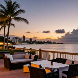 Caribbean Holidays, Trinidad February Holidays, Elegant waterfront hotel in Trinidad at sunset, with a comfortable terrace, palm trees and city lights beginning to glow