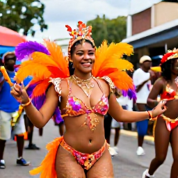 Caribbean Holidays, Trinidad February Holidays, Festive Trinidad Carnival street scene in February with colourful costumes, music, dancing and smiling crowds