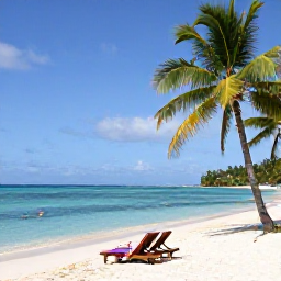 Caribbean Holidays, Trinidad February Holidays, Relaxed tropical beach on Tobago with clear turquoise water, white sand, palm trees and a couple of sun loungers