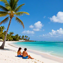 Caribbean Holidays, Trinidad February Holidays, Sunny Caribbean beach in Tobago with clear turquoise water, palm trees and a relaxed couple enjoying the shoreline