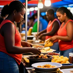 Caribbean Holidays, Trinidad February Holidays, Traditional Trinidadian street food including doubles, roti and grilled dishes at a lively evening food market