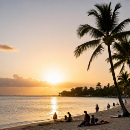 Caribbean Holidays, Trinidad February Holidays, Warm Caribbean sunset over Tobago coastline with palm trees, calm sea and visitors enjoying a relaxed evening