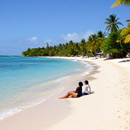 Caribbean Holidays, Trinidad February, Relaxed tropical beach in Tobago with clear turquoise water, pale sand, palm trees and a couple of travellers enjoying the sunshine