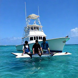 Caribbean Holidays, Trinidad Fishing, Anglers fighting a large blue marlin from a modern fishing boat on clear Caribbean water