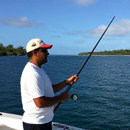 Caribbean Holidays, Trinidad Fishing, Friendly Caribbean fishing guide preparing rods on a boat with Trinidad coastline in the background