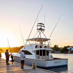 Caribbean Holidays, Trinidad Fishing Holidays, A modern fishing charter boat leaving a marina in Chaguaramas at sunrise, with anglers preparing rods