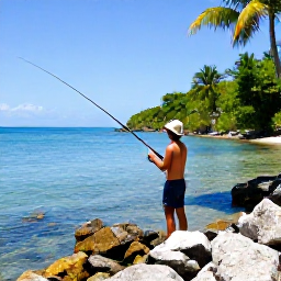 Caribbean Holidays, Trinidad Fishing Holidays, Angler casting from a rocky Trinidad shoreline beside clear blue water and tropical vegetation