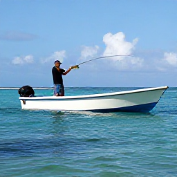 Caribbean Holidays, Trinidad Fishing, Small fishing boat near Tobago reef with an angler catching colourful tropical fish in calm turquoise water