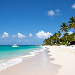 Caribbean Holidays, Trinidad Golf Holidays, A beautiful Caribbean beach in Tobago with clear turquoise water, white sand, palm trees and a small boat offshore