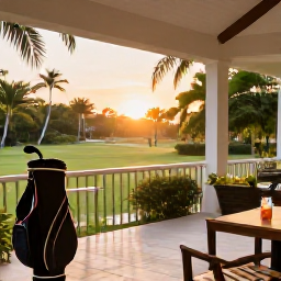 Caribbean Holidays, Trinidad Golf Holidays, A comfortable Trinidad hotel terrace overlooking tropical gardens, with a golf bag, cool drink and warm evening light