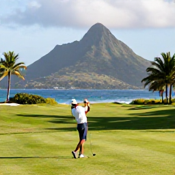 Caribbean Holidays, Trinidad Golf Holidays, A golfer enjoying a sunny afternoon beside a Trinidad golf course, with mountains, palm trees and a cooling sea breeze