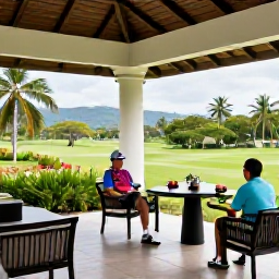 Caribbean Holidays, Trinidad Golf Holidays, A golfer relaxing at a stylish clubhouse in Trinidad after a round, with tropical gardens, refreshments and distant hills