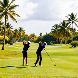 Caribbean Holidays, Trinidad Golf Holidays, A golfer teeing off on a lush tropical golf course in Trinidad during July, with palm trees and bright Caribbean light