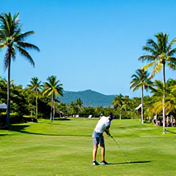 Caribbean Holidays, Trinidad Golf Holidays, A golfer teeing off on a lush tropical golf course in Trinidad, with palm trees, bright blue sky and distant green hills