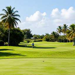 Caribbean Holidays, Trinidad Golf Holidays, A lush Caribbean golf course in Trinidad under warm March sunshine, with palm trees, tropical greenery and golfers on the fairway