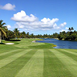 Caribbean Holidays, Trinidad Golf Holidays, A panoramic view of Millennium Lakes Golf Club in Trinidad, showing manicured fairways, water features and tropical vegetation