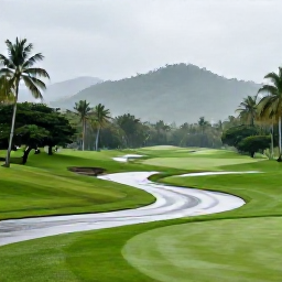 Caribbean Holidays, Trinidad Golf Holidays, A peaceful Caribbean golf course in Trinidad after a light tropical shower, with wet fairways, palms and misty green hills
