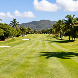 Caribbean Holidays, Trinidad Golf Holidays, A scenic Caribbean golf course in Trinidad with lush green fairways, tropical palm trees and distant hills under bright sunshine