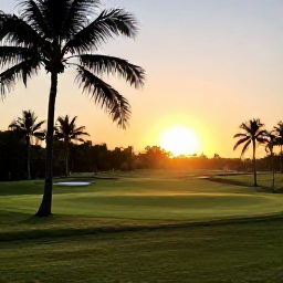 Caribbean Holidays, Trinidad Golf Holidays, A scenic Trinidad sunset viewed from a golf course clubhouse, with palm silhouettes, rolling green landscape and warm evening light