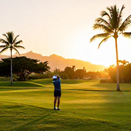 Caribbean Holidays, Trinidad Golf Holidays, A traveller standing beside a tropical Trinidad golf course at sunset, with palm trees, distant mountains and warm golden light