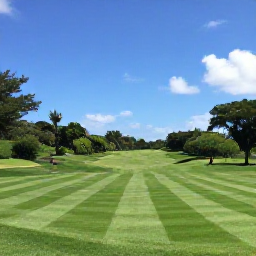 Caribbean Holidays, Trinidad Golf Holidays, Golfers approaching a green on a well-maintained Trinidad course, with rolling hills, tropical trees and bright blue Caribbean sky