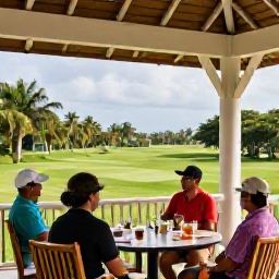 Caribbean Holidays, Trinidad Golf Holidays, Golfers relaxing on a shaded clubhouse terrace in Trinidad, looking over a tropical course with drinks after a round