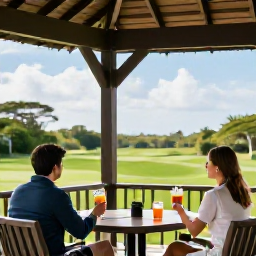 Caribbean Holidays, Trinidad Golf Holidays, Golfers relaxing with drinks on a shaded clubhouse terrace overlooking a Caribbean golf course in Trinidad