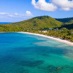 Caribbean Holidays, Trinidad Holidays, Aerial view of Trinidad and Tobago showing turquoise Caribbean sea, green tropical hills and sandy coastline