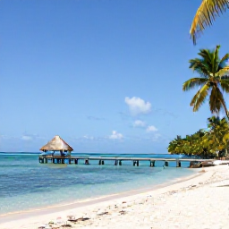 Caribbean Holidays, Trinidad Holidays, Bright beach scene at Pigeon Point in Tobago with calm turquoise water, palm trees and a thatched jetty
