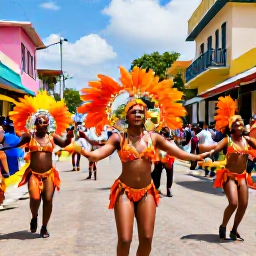 Caribbean Holidays, Trinidad Holidays, Colourful Port of Spain street scene during Carnival with dancers in bright costumes and lively Caribbean atmosphere