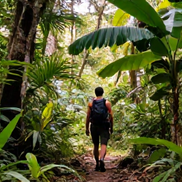 Caribbean Holidays, Trinidad Holidays, Hiker walking through lush rainforest in the Main Ridge Forest Reserve on Tobago with tropical plants and filtered sunlight