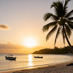 Caribbean Holidays, Trinidad Holidays, Relaxed sunset over a tropical Tobago beach with small boats, palm trees and warm golden light