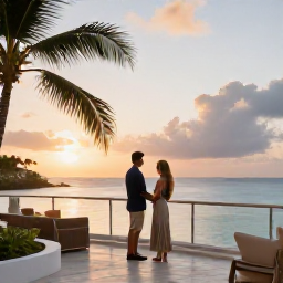 Caribbean Holidays, Trinidad Honeymoons, Couple enjoying a romantic sunset from a stylish Caribbean hotel terrace overlooking the sea in Tobago