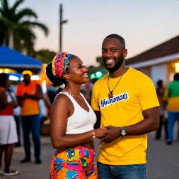 Caribbean Holidays, Trinidad Honeymoons, Couple enjoying colourful Trinidadian culture and street music in Port of Spain, warm evening light and lively local atmosphere